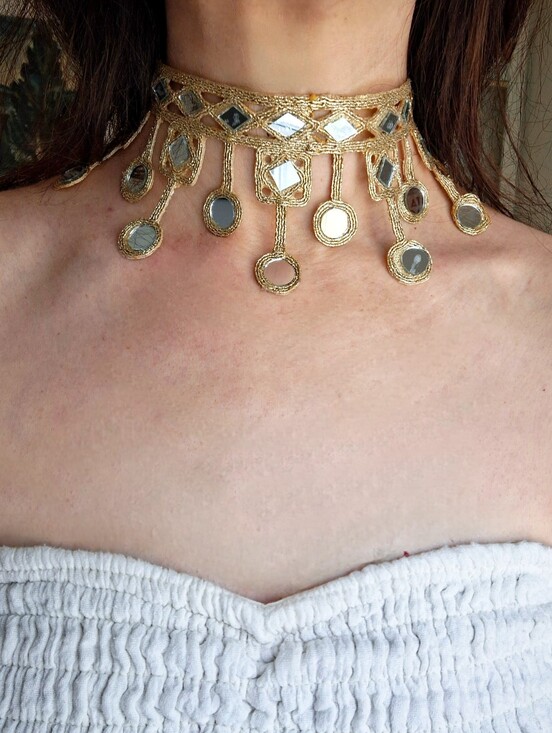 Hand Crafted Jewelry - Handmade Boho Gold Mirror Fringe Choker Necklace Festival Wedding Party Vacation